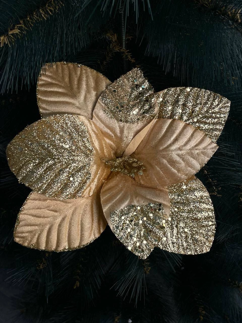Floare decorativa aurie cu sclipici pentru brad, 27cm (cp-24-027) 3