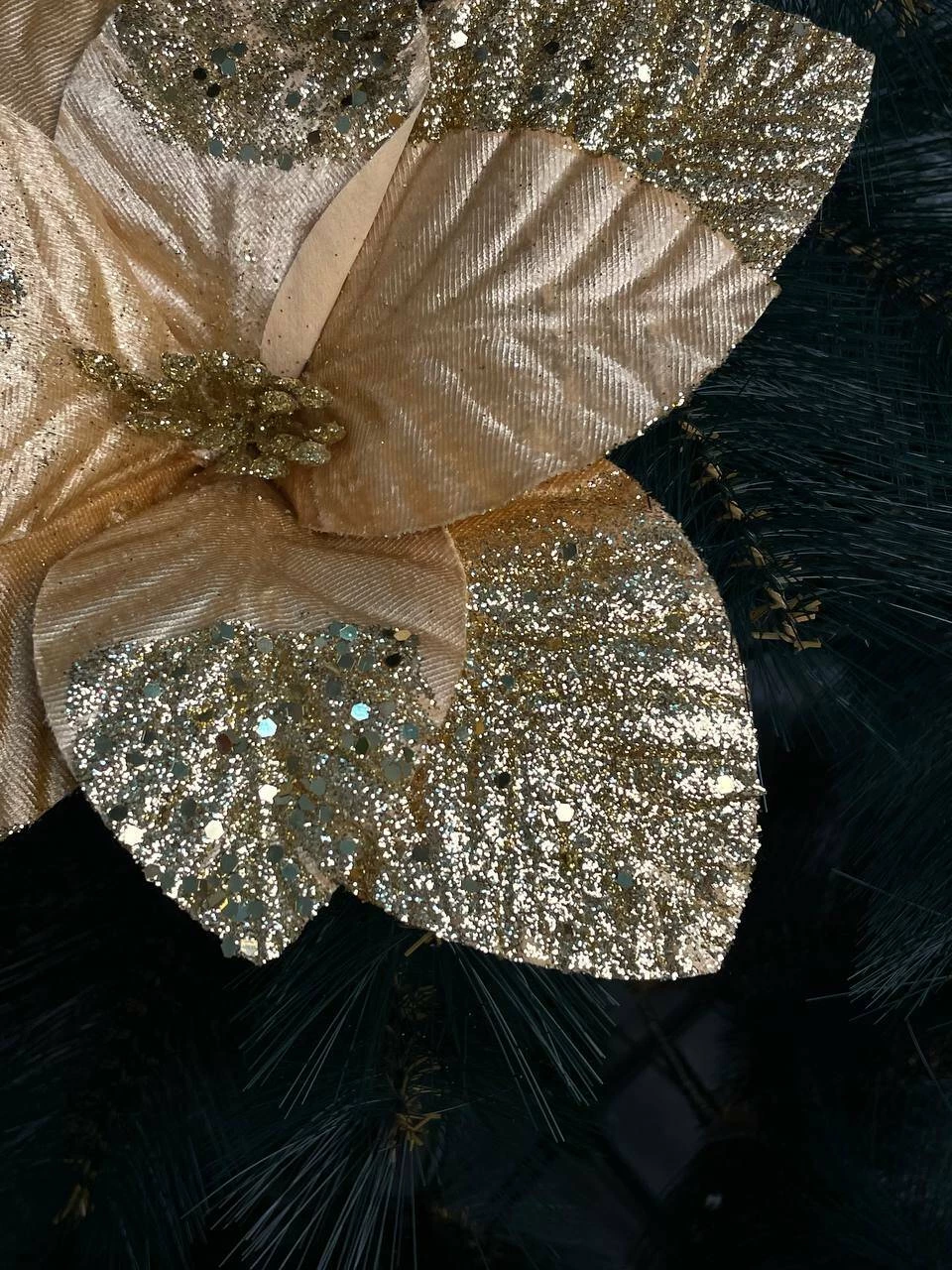 Floare decorativa aurie cu sclipici pentru brad, 27cm (cp-24-027) 2