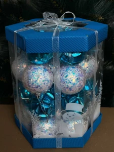 SET 28 GLOBURI DECORATIVE, ALBASTRU & ALB IRIZAT, 6 CM (CP-24-273)