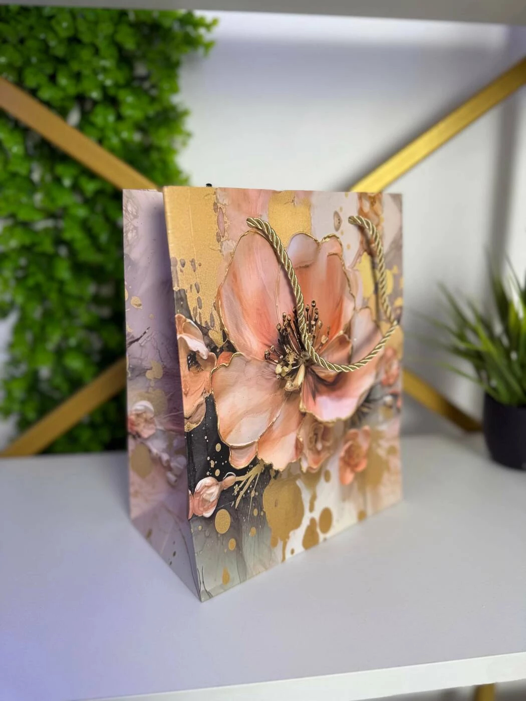 Punga cadou cu design floral,  auriu & roz, 18*23*10 cm (cp-24-418-1) 2