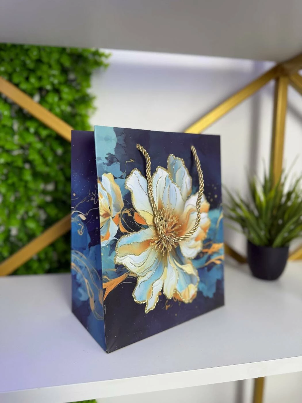 Punga cadou cu design floral, albastru & auriu, 18×23×10 см (cp-24-418-1) 2
