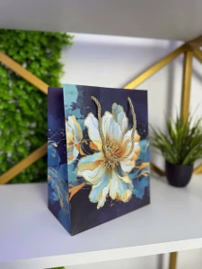 Punga cadou cu design floral, albastru & auriu, 18×23×10 см (cp-24-418-1) Thumbnail 2