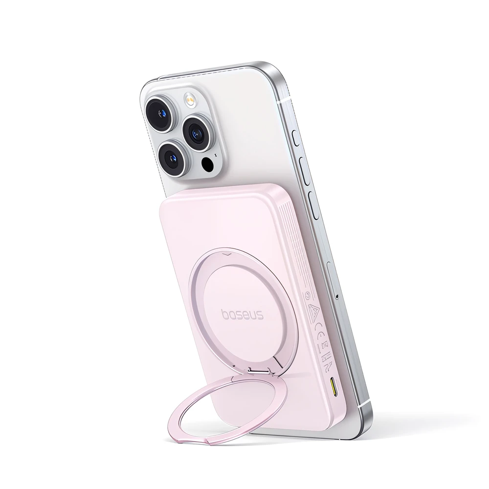 Power bank baseus magsafe picogo qi2 с подставкой 5000mah, 20w с кабелем type-c 0.3м, розовый 4