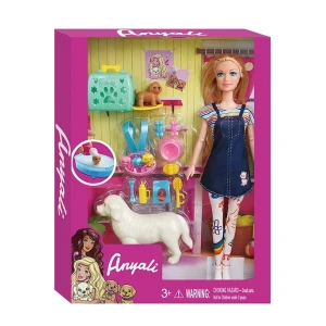 Set de joacă "păpușă cu set pentru animale de companie", în rochie de vară