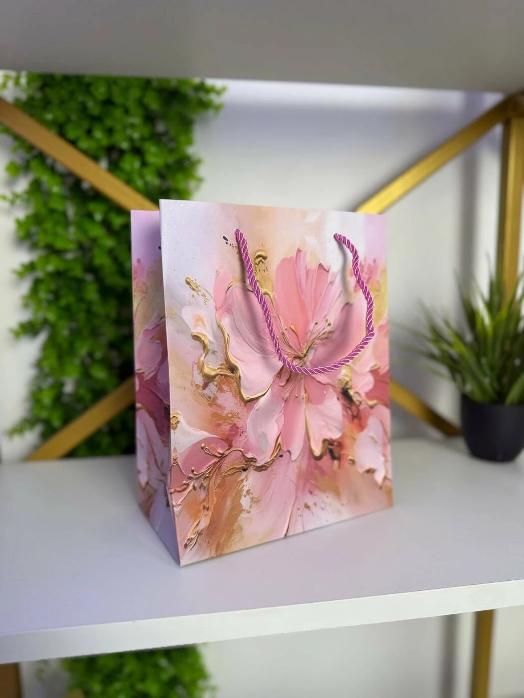 Подарочный пакет с цветочным дизайном, светло-розовый & золотой, 26*32*12 cm (cp-24-418-2) 3