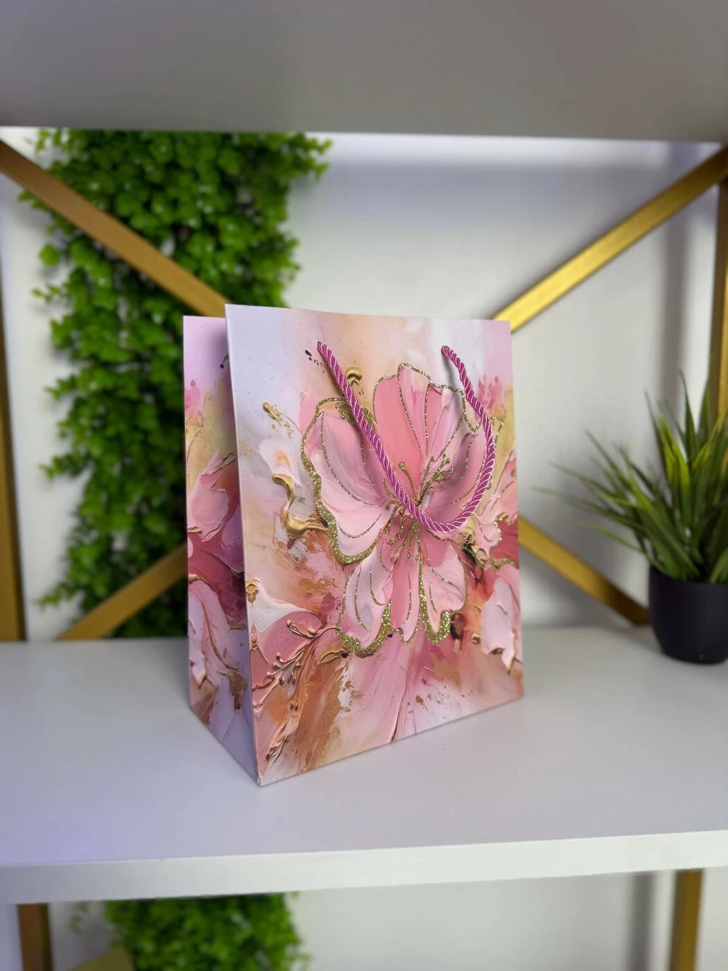Подарочный пакет с цветочным дизайном, светло-розовый & золотой, 26*32*12 cm (cp-24-418-2) 2