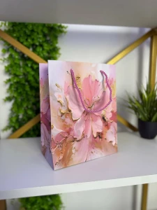 Подарочный пакет с цветочным дизайном, светло-розовый & золотой, 26*32*12 cm (cp-24-418-2) Thumbnail 3