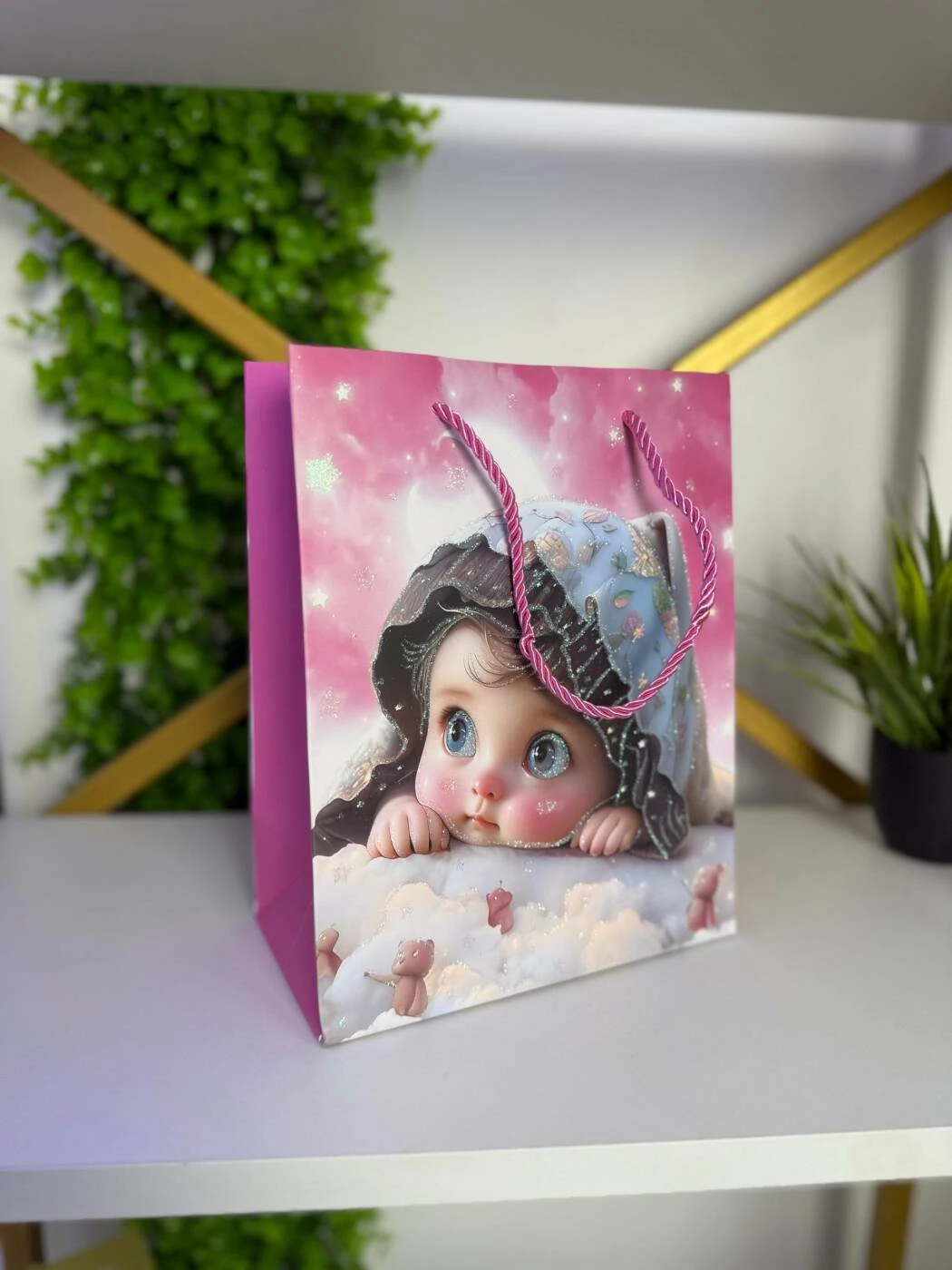 Подарочный пакет с девочкой на облаках, розовый дизайн 26*32*12 cm (cp-24-411-2) 2