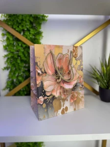 Punga cadou cu design floral, auriu & roz 31*41*12 cm (cp-24-418-3)