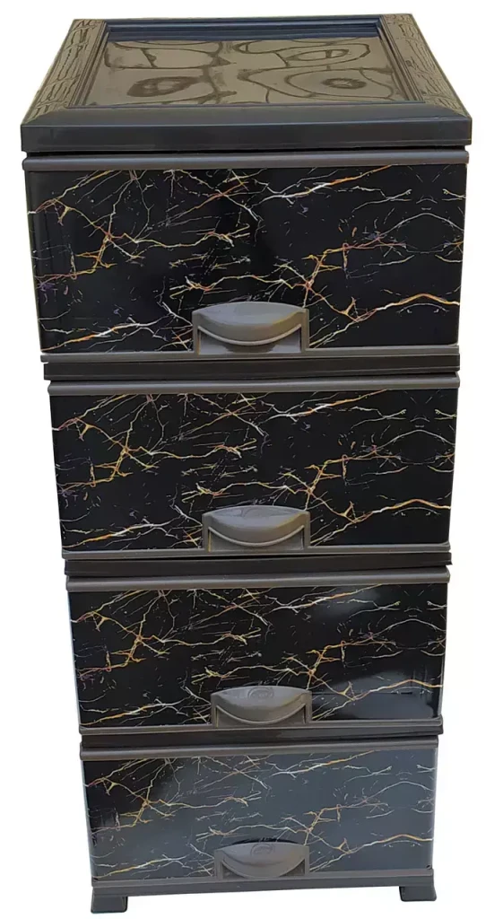 Comod din plastic cu 4 sertare – model marmură, negru-auriu (e298) 5