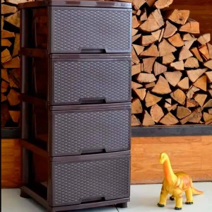 ПЛАСТИКОВЫЙ КОМОД С 4 ЯЩИКАМИ – МОДЕЛЬ РОТАНГ КОРИЧНЕВЫЙ (123094)