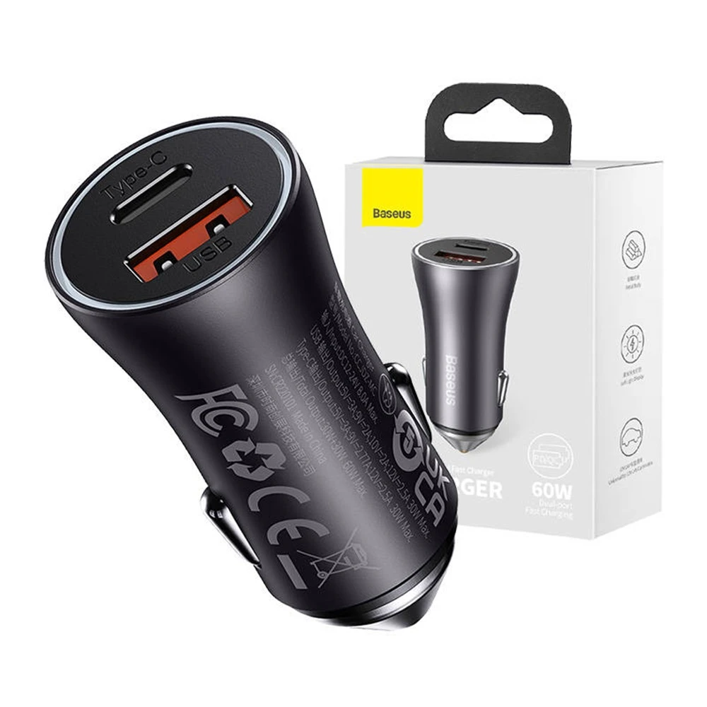 Baseus car charger golden contactor max 1*usb-a+1*type-c 60w, grey 3