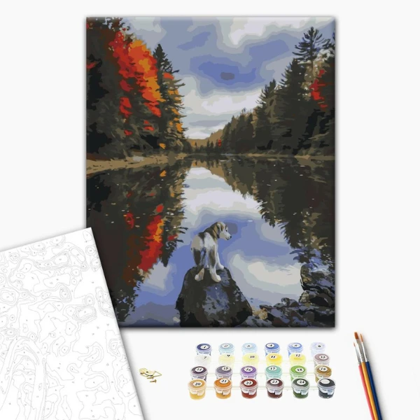 Pictură pe numere 40*50 cm (în cutie) – căţelul de lângă lac 2