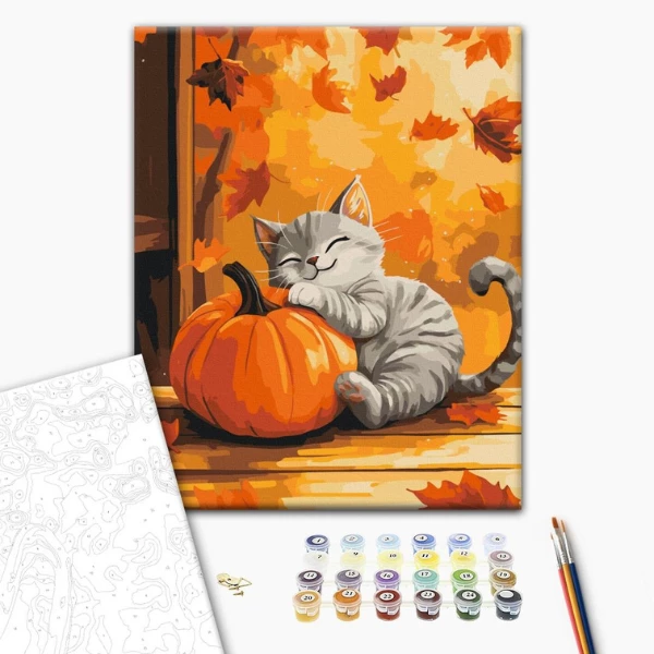 Pictură pe numere 30*40 сm (fără cutie) – pisică cu un dovleac 3