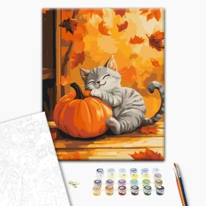Pictură pe numere 30*40 сm (fără cutie) – pisică cu un dovleac Thumbnail 2