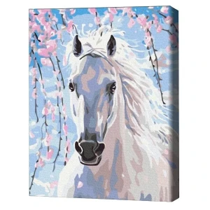 Pictură pe numere 30*40 сm (fără cutie) – cal în flori de sakura