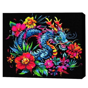 Pictură pe numere 40*50 сm (pânză neagră/fără cutie) – dragonul în flori Thumbnail 2