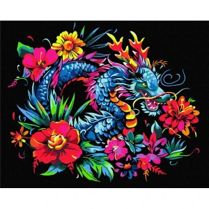 Pictură pe numere 40*50 сm (pânză neagră/fără cutie) – dragonul în flori Thumbnail 3