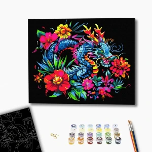 Pictură pe numere 40*50 сm (pânză neagră/fără cutie) – dragonul în flori Thumbnail 2