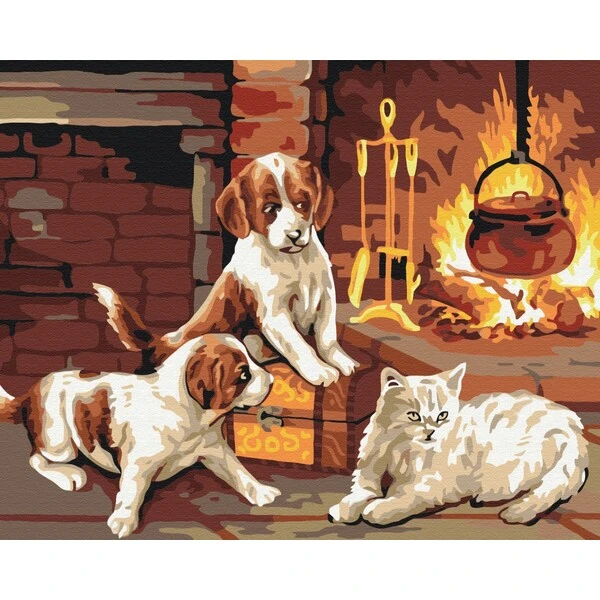 Pictură pe numere 40*50 cm (în cutie) – animalele dragi lângă șemineu 3