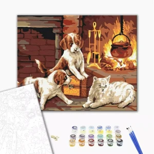 Pictură pe numere 40*50 cm (în cutie) – animalele dragi lângă șemineu Thumbnail 2