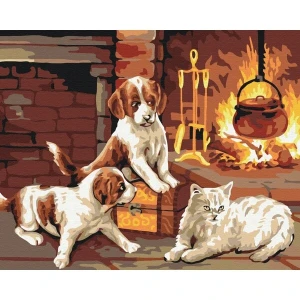 Pictură pe numere 40*50 cm (în cutie) – animalele dragi lângă șemineu Thumbnail 3