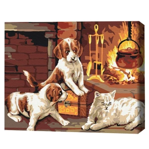 Pictură pe numere 40*50 cm (în cutie) – animalele dragi lângă șemineu