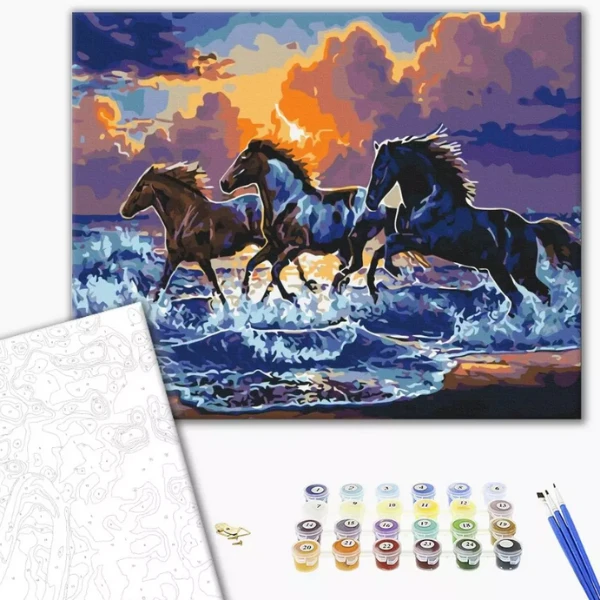 Pictură pe numere 40*50 cm (în cutie) – herghelie de cai negri 2