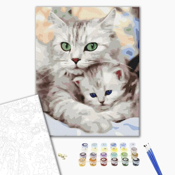Pictură pe numere 40x50 cm (fără cutie) - pisica mamă cu pisoiașul 2