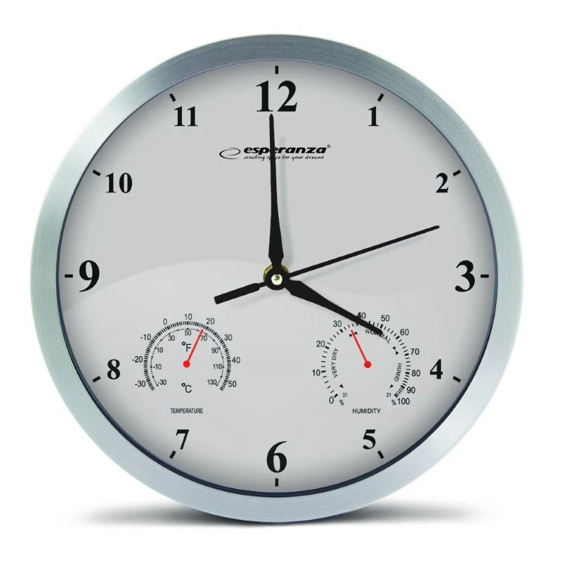 Clock wall esperanza lyon  ehc016w white,  25 cm, plastic frame, quiet movement, hook for easy installation, measurements: temperature and humidity, p 2