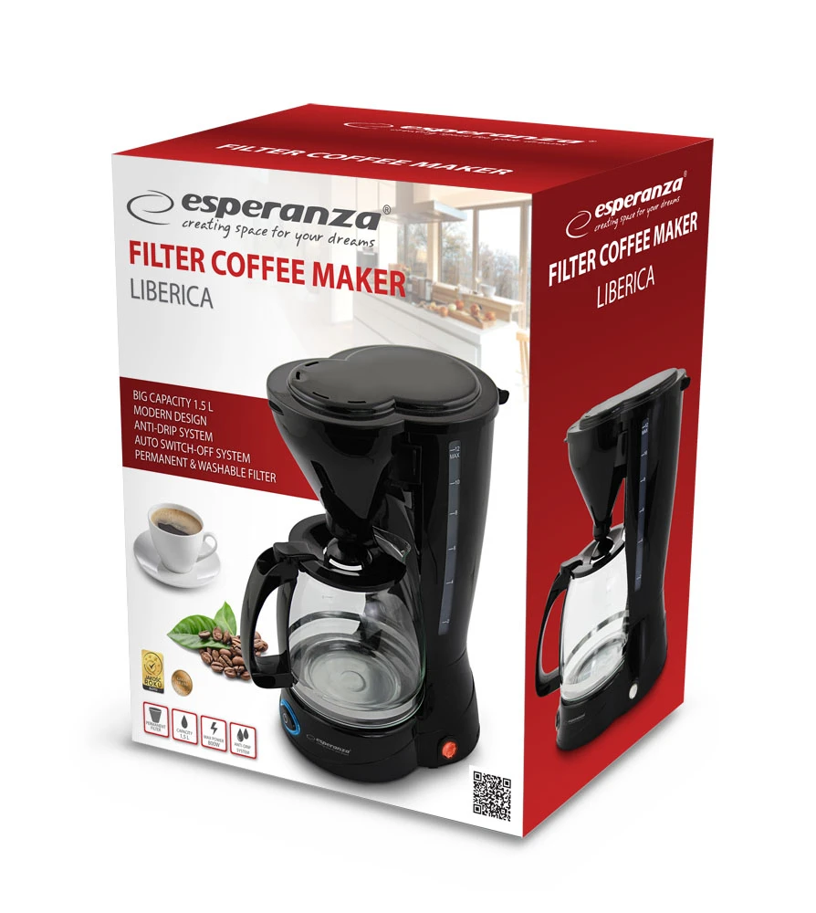 Coffee maker esperanza liberica ekc009, 1,5l, 800w, permanent & washable filter anti-drip system, auto switch-off, modern design, electric cable lengt 4