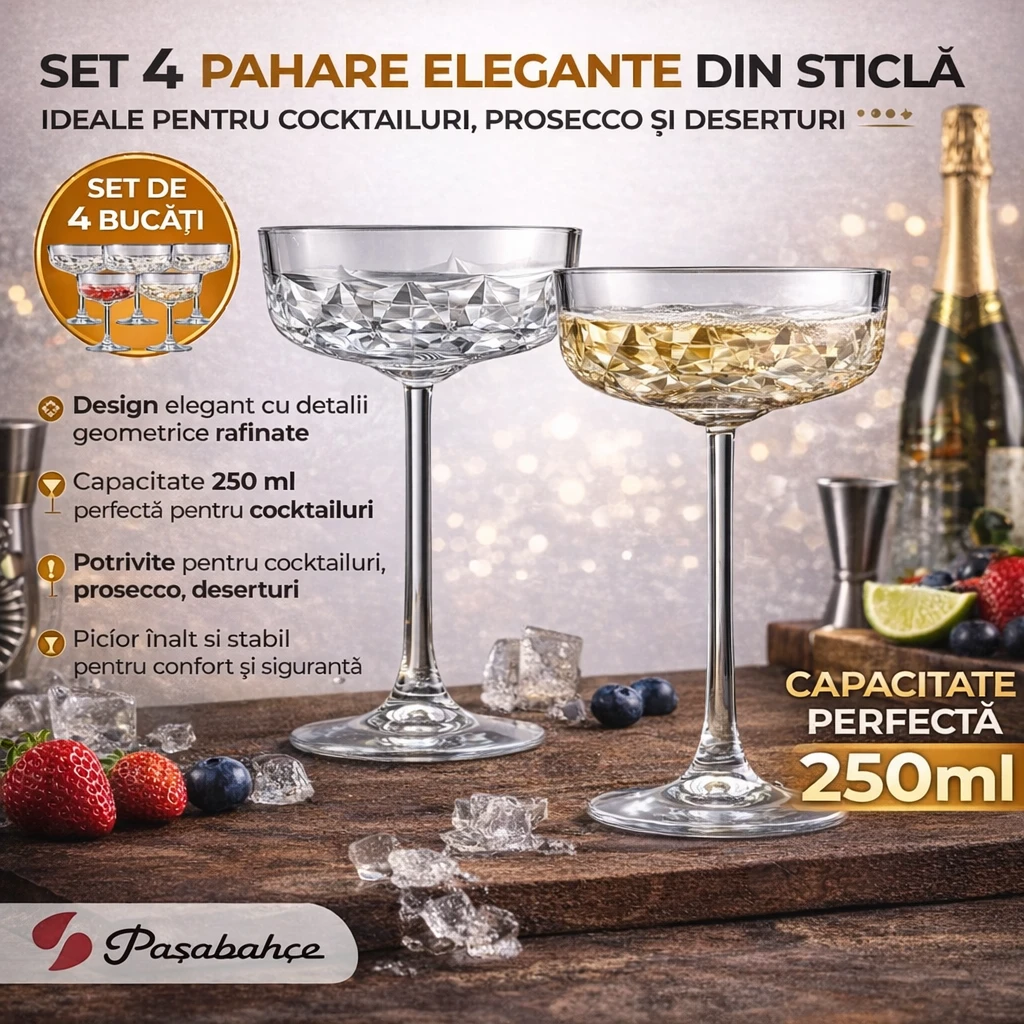 Set 4 pahare din sticla pentru cocktail, 250ml  (1204339) 2