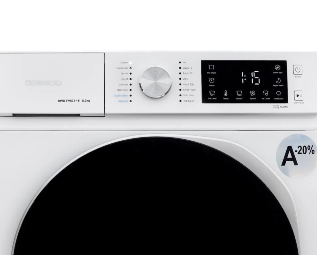 Masina de spalat rufe daewoo dwd-fv5021-5,  8 kg / 1200rpm, 48cm, clasa a, motor inverter, display, usa dubla neagra, 16 program, alb 5