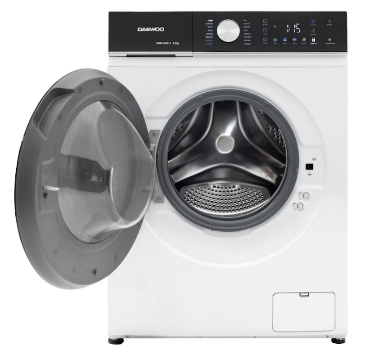 Masina de spalat rufe daewoo dwd-cs8014,  8 kg / 1400rpm, 48cm, clasa a, motor inverter, display, panou negru + usa dubla neagra, 16 program, alb 2
