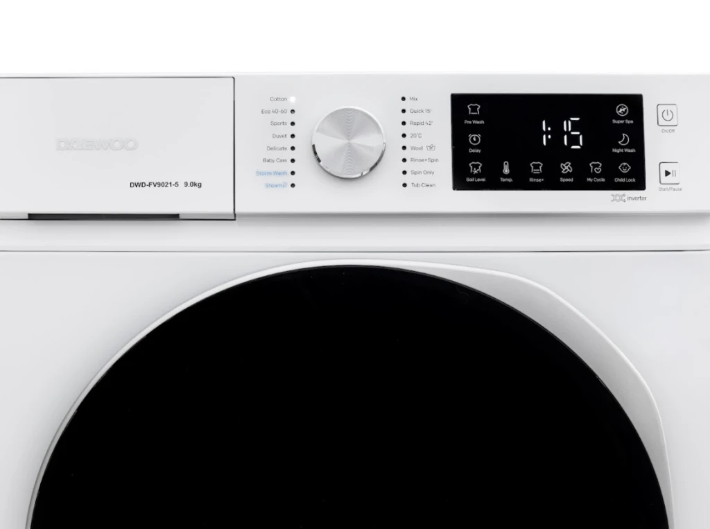 Masina de spalat rufe daewoo dwd-fv9021-5,  9 kg / 1400rpm, 60cm, clasa a, motor inverter, display, usa dubla neagra, 16 program, alb 5