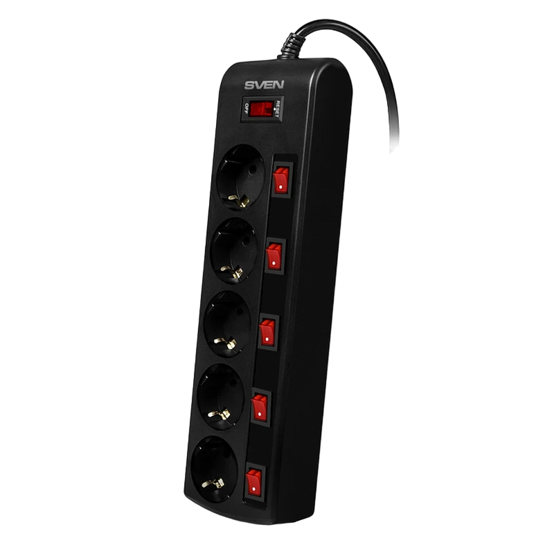 Сетевой фильтр sven sf-05pl, 5 розеток, 3м, чёрный 3