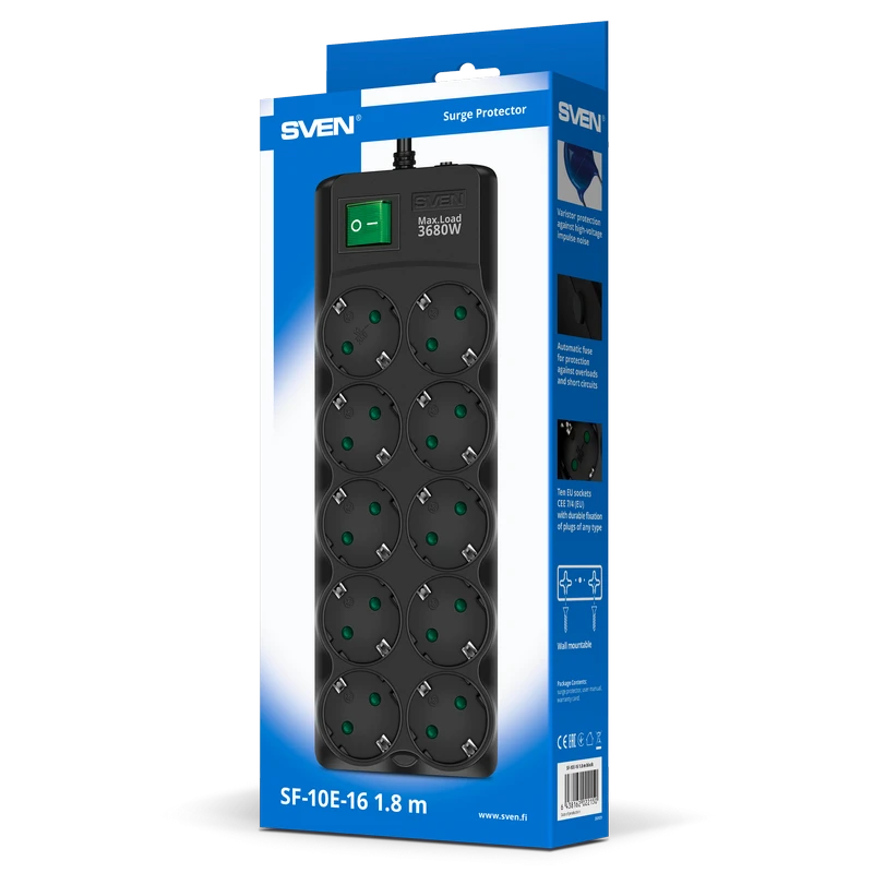 Prelungitor electric sven sf-10e-16, 10 prize, 1,8m, negru 7