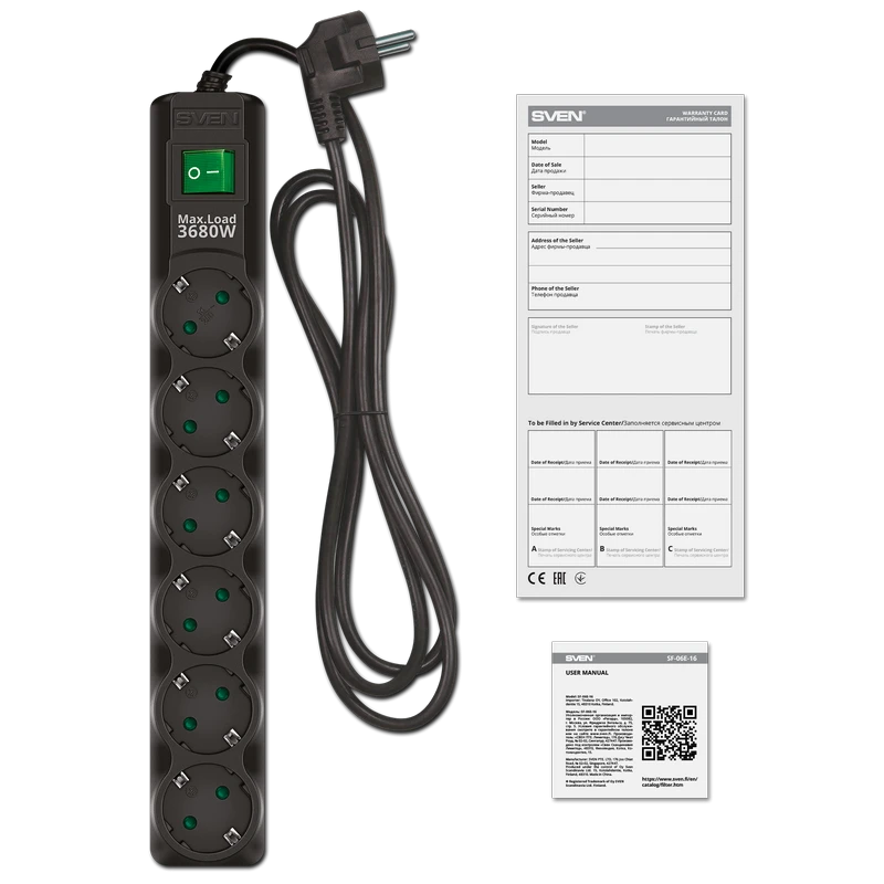 Prelungitor electric sven sf-06e-16, 6 prize, 1,8m, negru 4