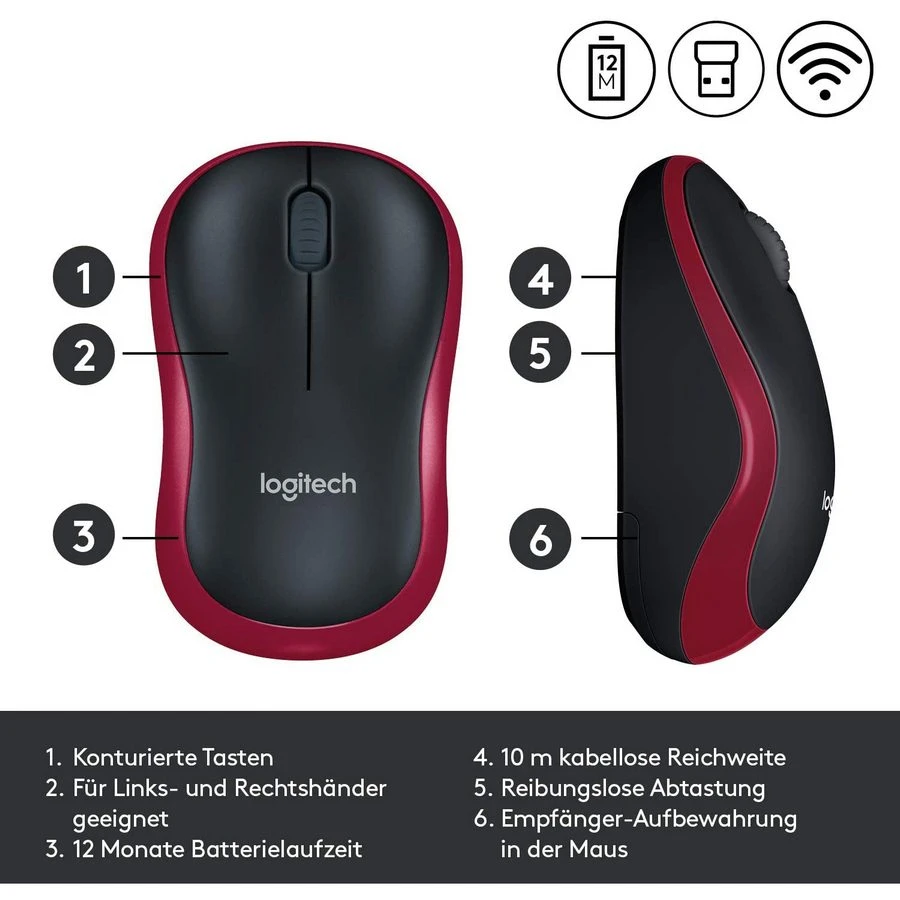 Беcпроводная мышь logitech m185, красный 4