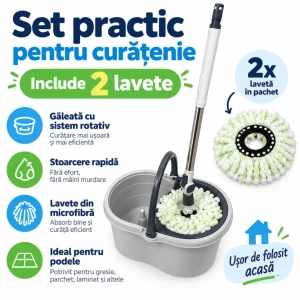Set mop rotativ cu găleata și storcător din inox (xyj-v6)