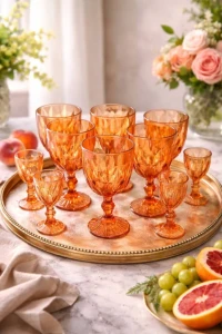 Set pahare cu picior, 12 buc, portocaliu, 320 ml + 50 ml (blb-003)