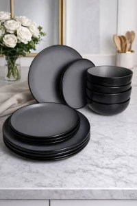 SET 12 PIESE FARFURII DIN CERAMICA, NEGRU & GRI (S211--32)