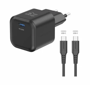 Încărcător rețea swissten gan 1x usb-c 20w pd black + data cablu usb-c/usb-c 1,2m black