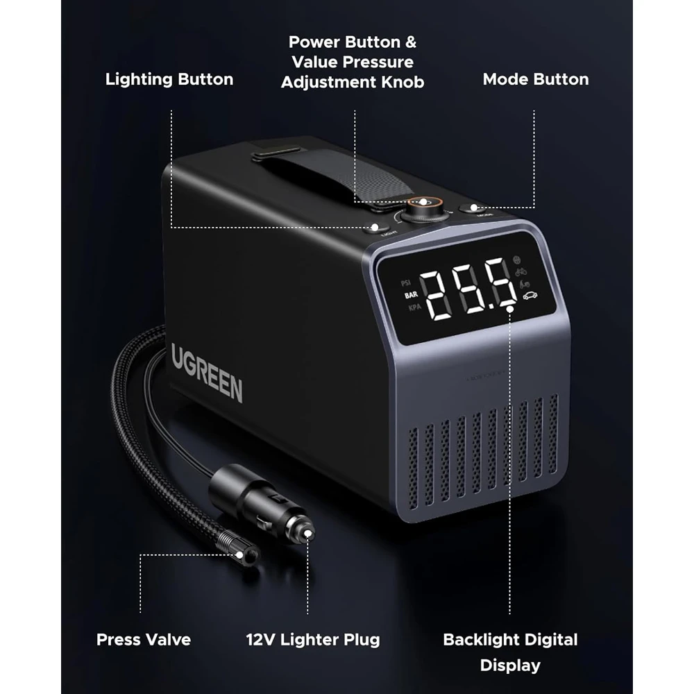 Портативный насос для шин ugreen portable tire inflator pro, аккумулятор 4500 мач, 150 psi, et723, черный 3