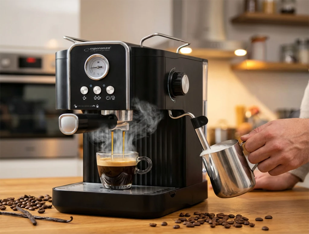 Coffee maker esperanza excelsa ekc010, 1,8l, 850w, 20 bar, espresso machine, built-in milk frother for cappuccino and latte, cup-warming system, tempe 8