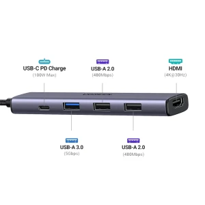Ugreen hub 5 в 1 usb-c на 4k@30hz hdmi + 2*usb-a 2.0 + 1*usb-a 3.0 pd 100w, серый Thumbnail 3