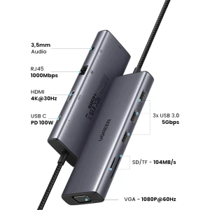 Ugreen hub 10 in 1 type-c to 1*hdmi 4k@60hz + 3*usb-a 3.0 + vga + lan + audio 3.5mm+sd/micro+ pd 100w cm498, space gray Thumbnail 3