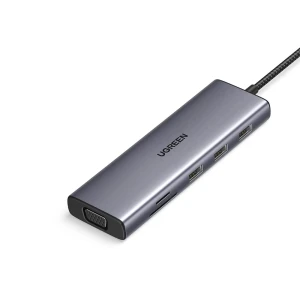 Ugreen hub 10 в 1 type-c на 1*hdmi 4k@60hz + 3*usb-a 3.0 + vga + lan + аудио 3.5 мм + sd/micro + pd 100w cm498, космический серый