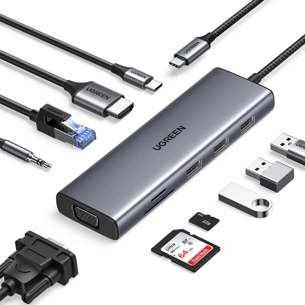 Ugreen hub 10 в 1 type-c на 1*hdmi 4k@60hz + 3*usb-a 3.0 + vga + lan + аудио 3.5 мм + sd/micro + pd 100w cm498, космический серый 2
