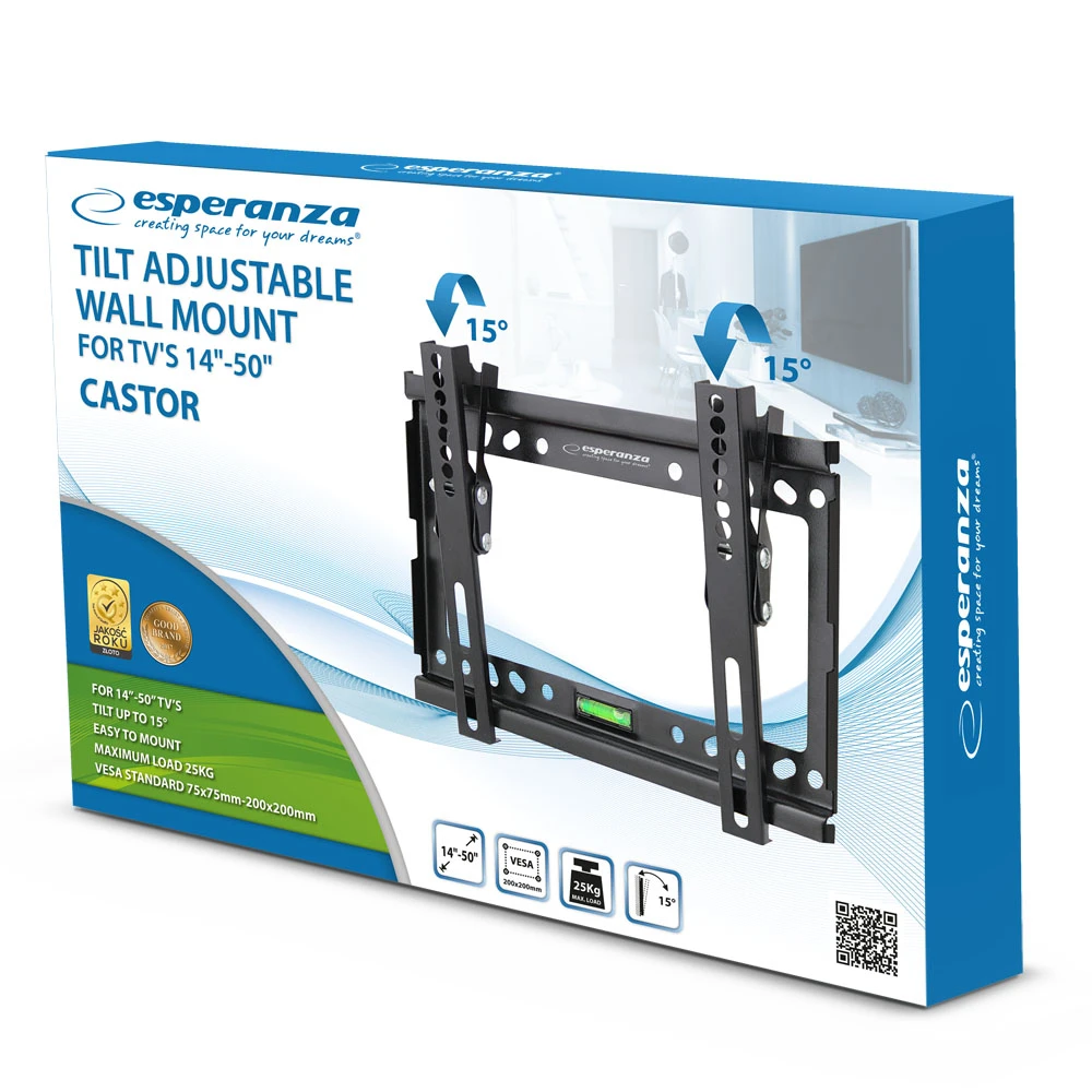 Esperanza tv-wall mount castor erw010 for 14-50", max load 25kg, vesa 75x75-200x200mm, distance of tv from wall: 24mm, tilt adjustment up to 15°, leve 9